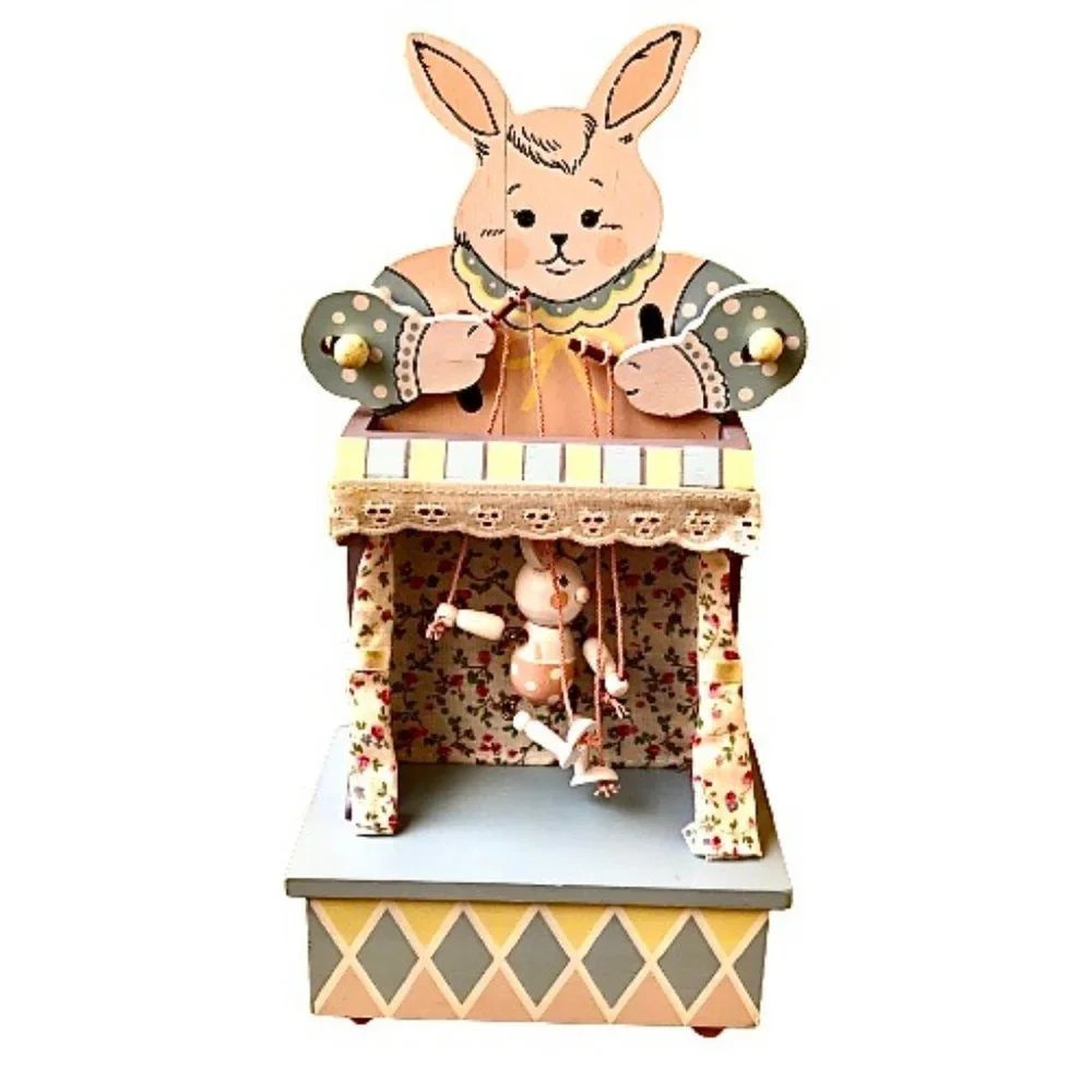 EASTER Enesco Vintage '86 Wood Music Box Bunny Rabbit PUPPET ON A STRING Moves